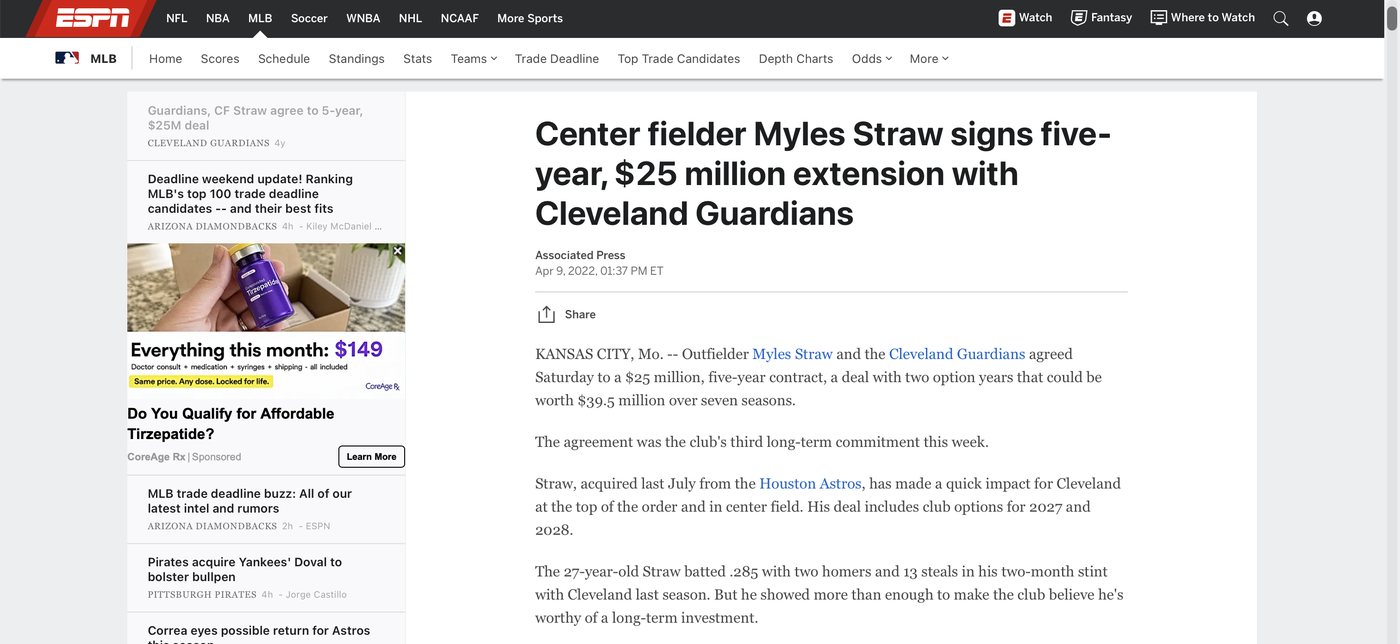 ESPN: Myles Straw signs five-year, $25 million extension with Cleveland Guardians