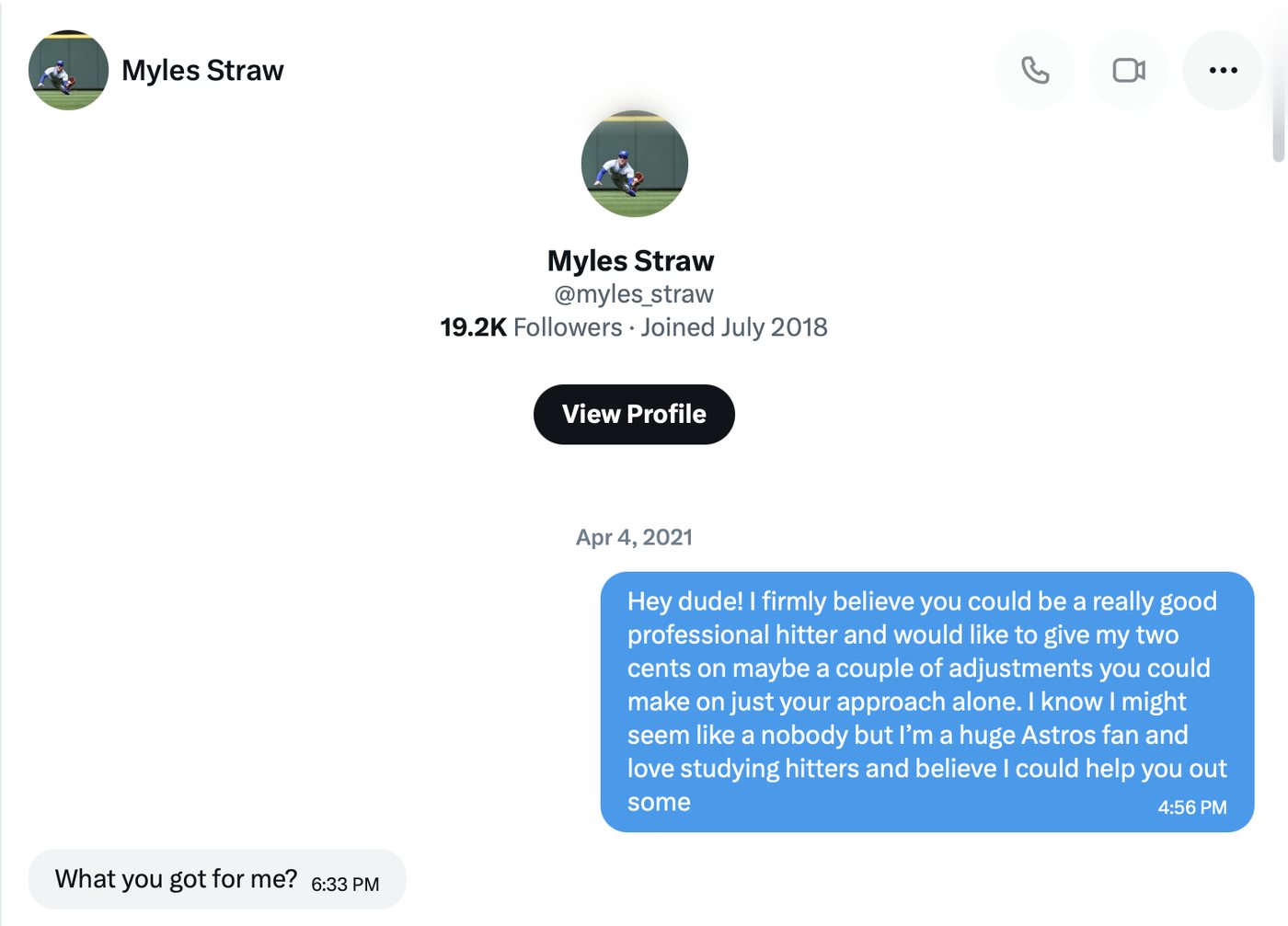 First message to Myles Straw, April 2021